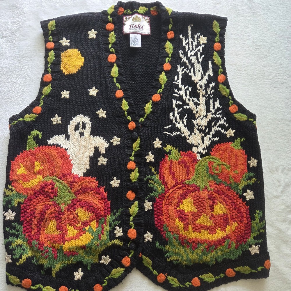 VTG Tiara Halloween Sweater Vest Womens L Black Ghost Pumpkin Embroidered Knit