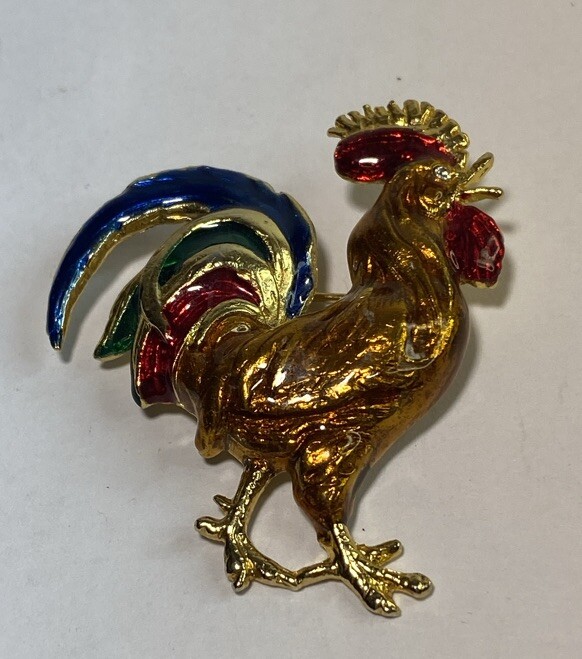 Vintage Gold Tone Blue Green Red Rooster Brooch