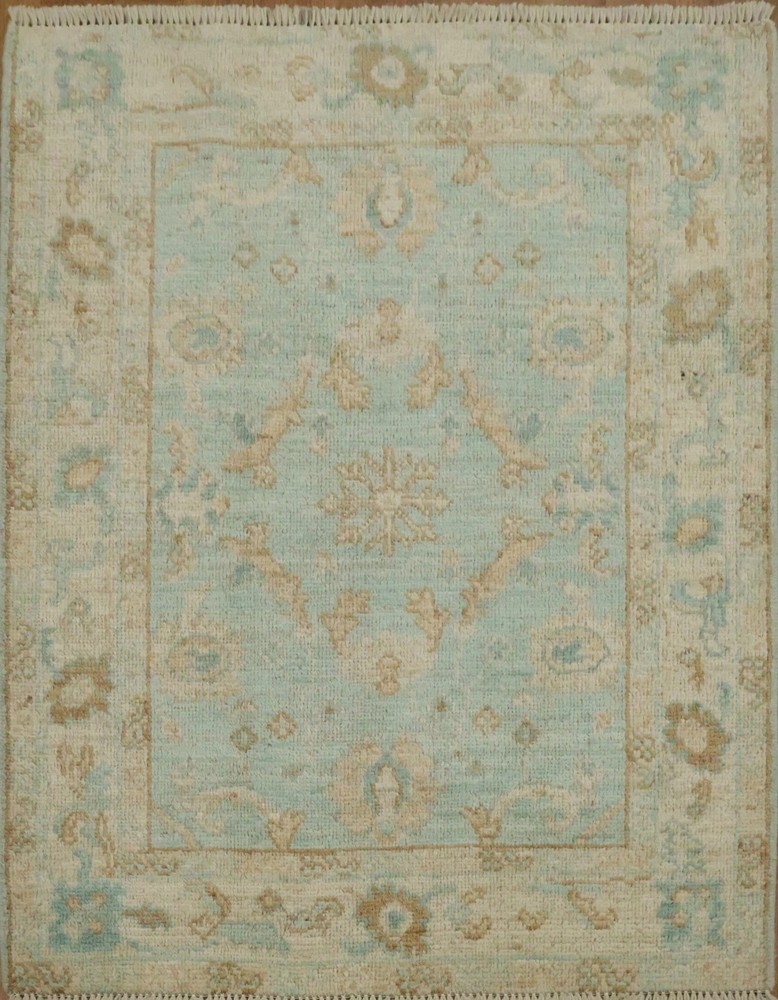 Hand Knotted Oushak Rug Wool Area Rug Sky Blue Cream Traditional Turkish Carpet
