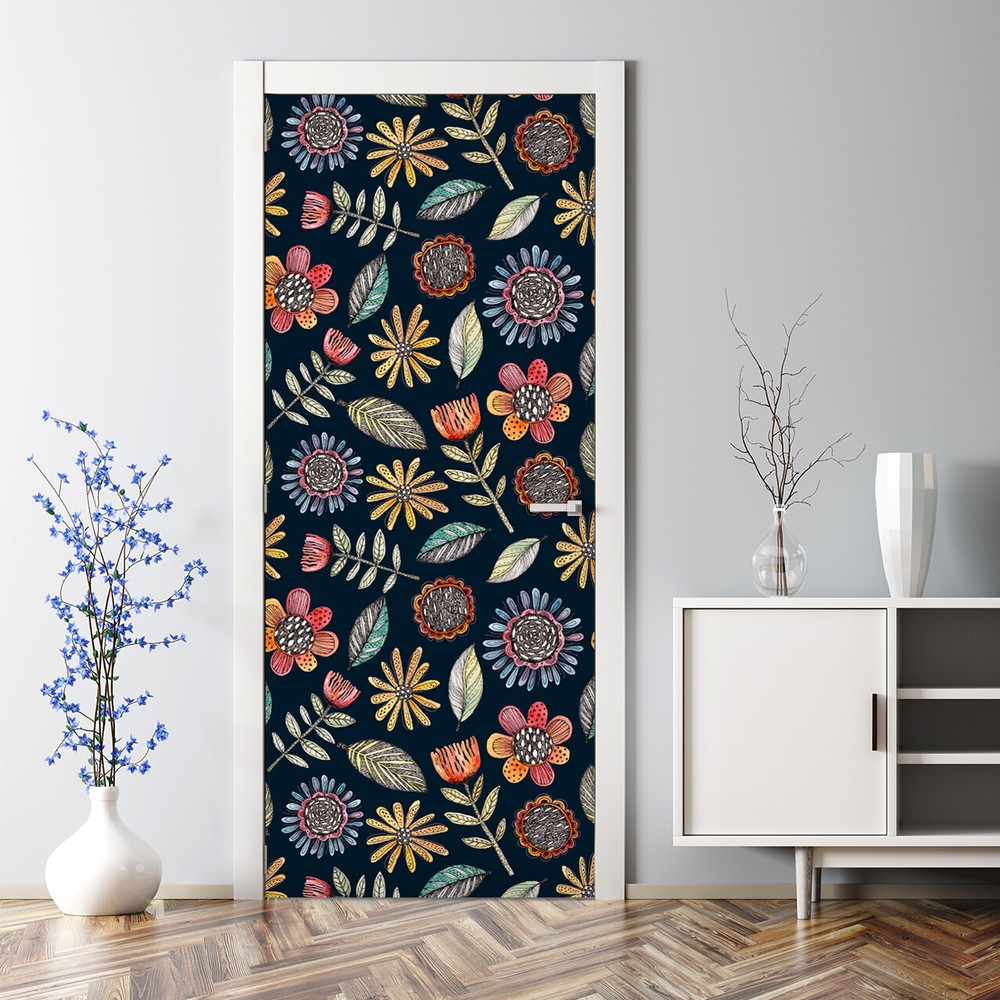 Folk flowers Bubble Free Door sticker Colourful Home Decor