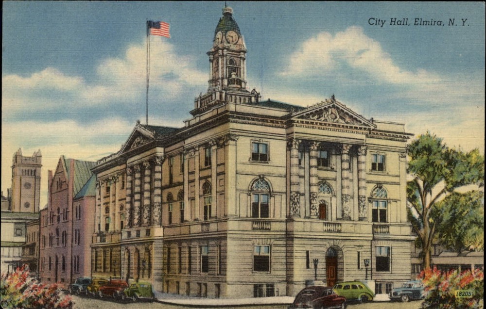 Elmira New York City Hall clock vintage cars ~ 1940s linen postcard