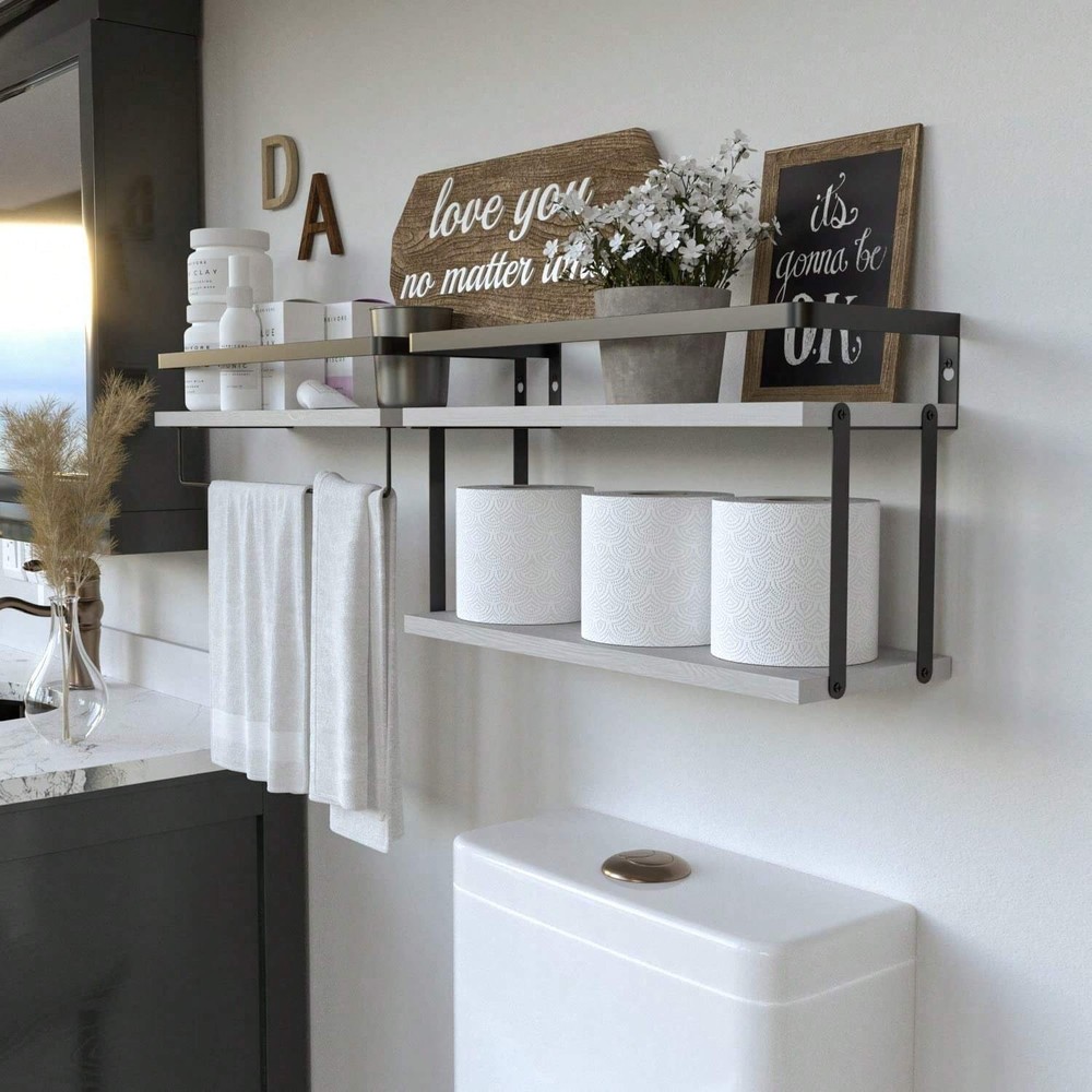 XYGC 2+1 Tier Wall Mounted Floating Shelves Set Of 2,Rustic Wood Wall