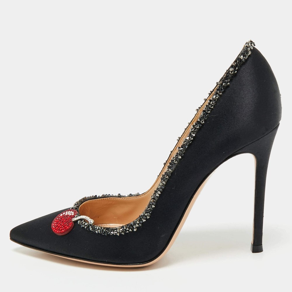 Gianvito Rossi Black Satin Crystal Embellished Pointed Toe Pumps Size 36.5