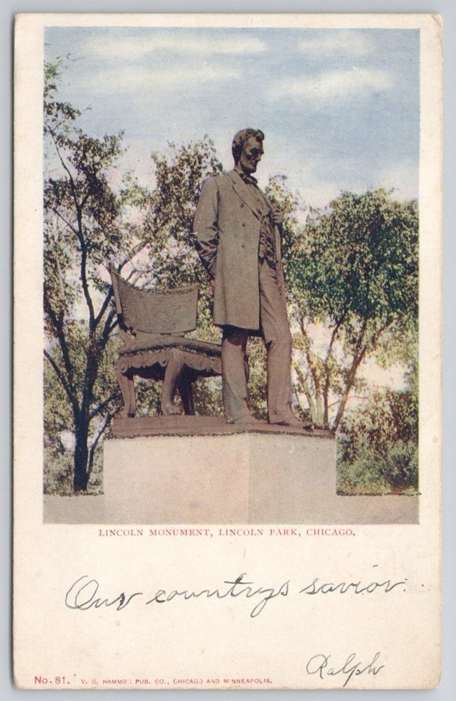 Lincoln Monument Statue Lincoln Park Chicago IL V.O. Hammon Postcard c.1900s