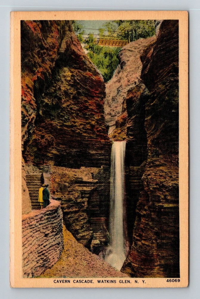 Watkins Glen, NY-New York, Cavern Cascade Cliff Trail Bridge Vintage Postcard