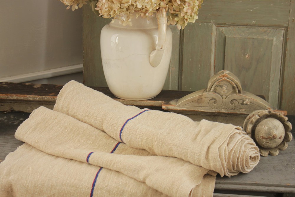 Grain sack Fabric Antique homespun linen by the yard blue red striped hemp upho