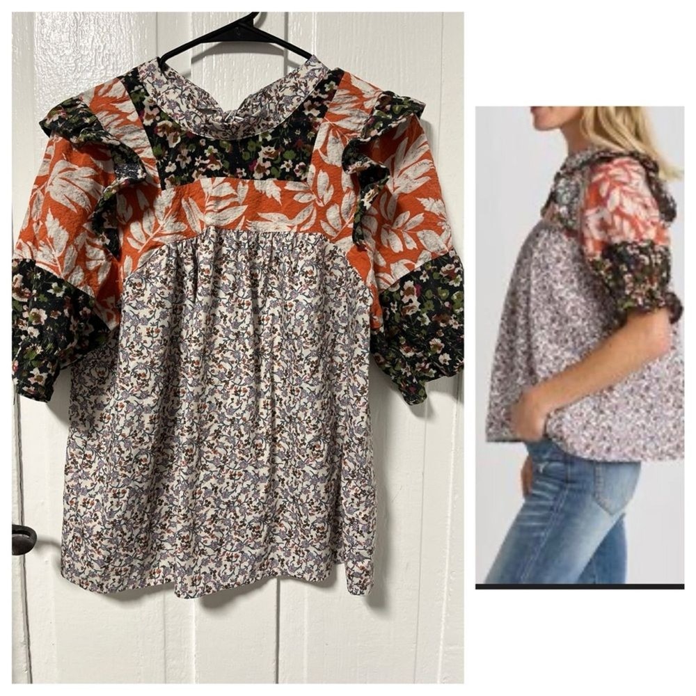 THML Patchwork Floral Ruffle Blouse with neck back tie size medium