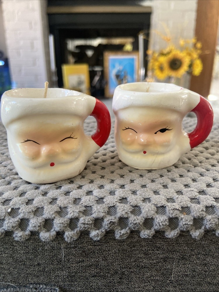 MCM Winking Santa Christmas Mini Mugs Cups W/ Candle Votives Vintage Taiwan