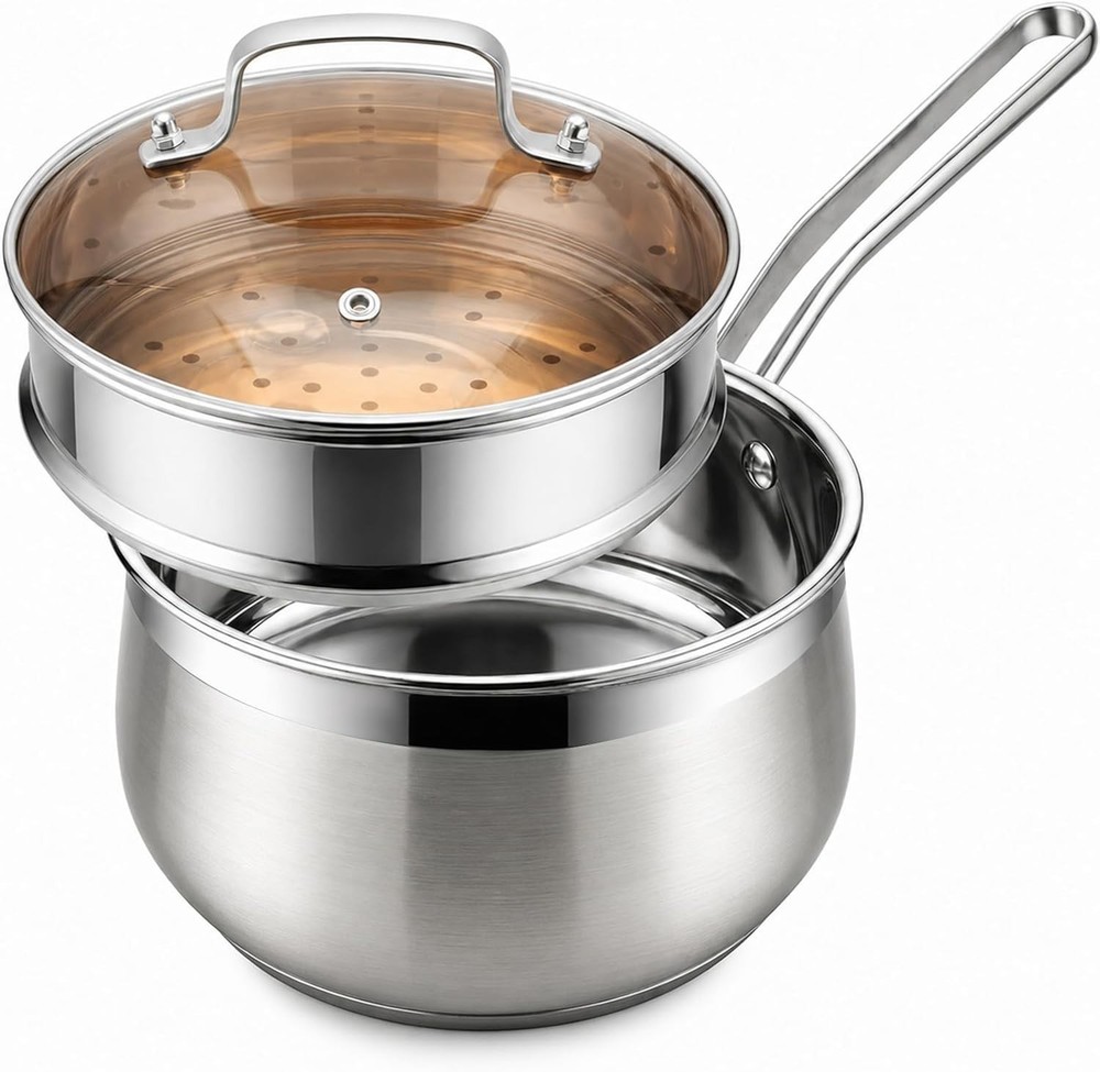 2.5QT Stainl Steel Saucepan with Steer Basket and Glass Lid, 18/8