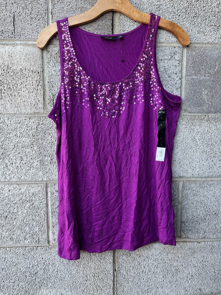 Apt 9 Womens Large Purple Sequin Tank Top Sleeveless Blouse Shiny Knit NWT