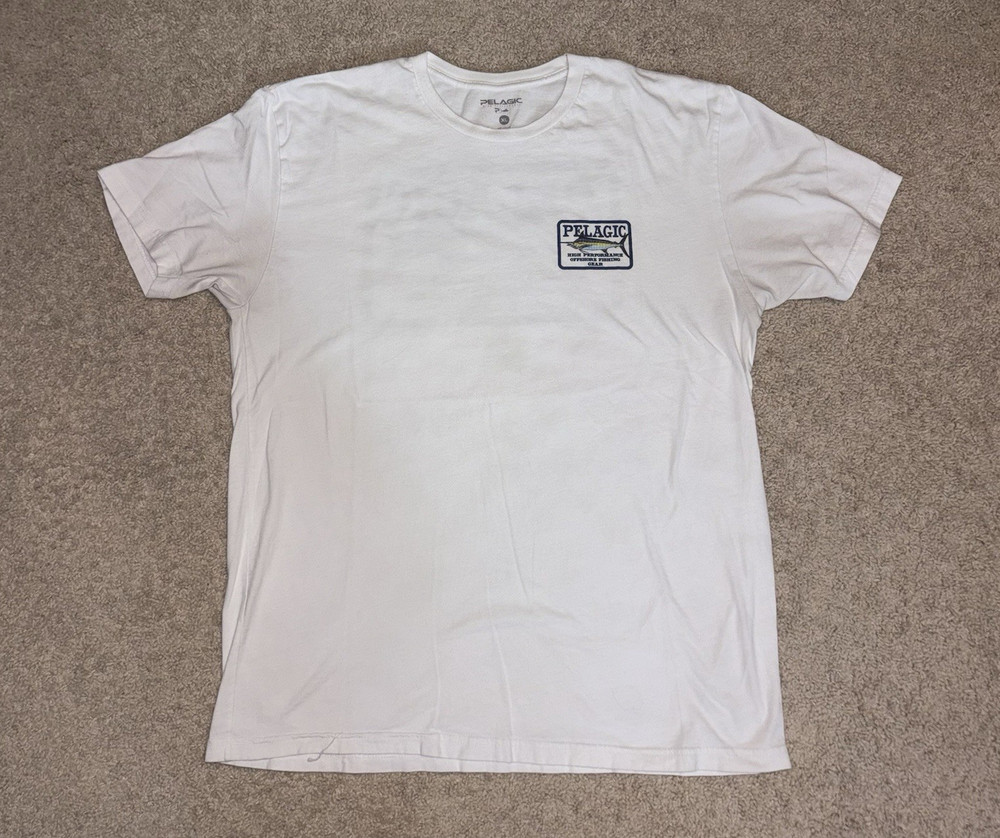 Pelagic White Fish Logo Graphic Print Crew Neck Short Sleeve Cotton T-Shirt XL