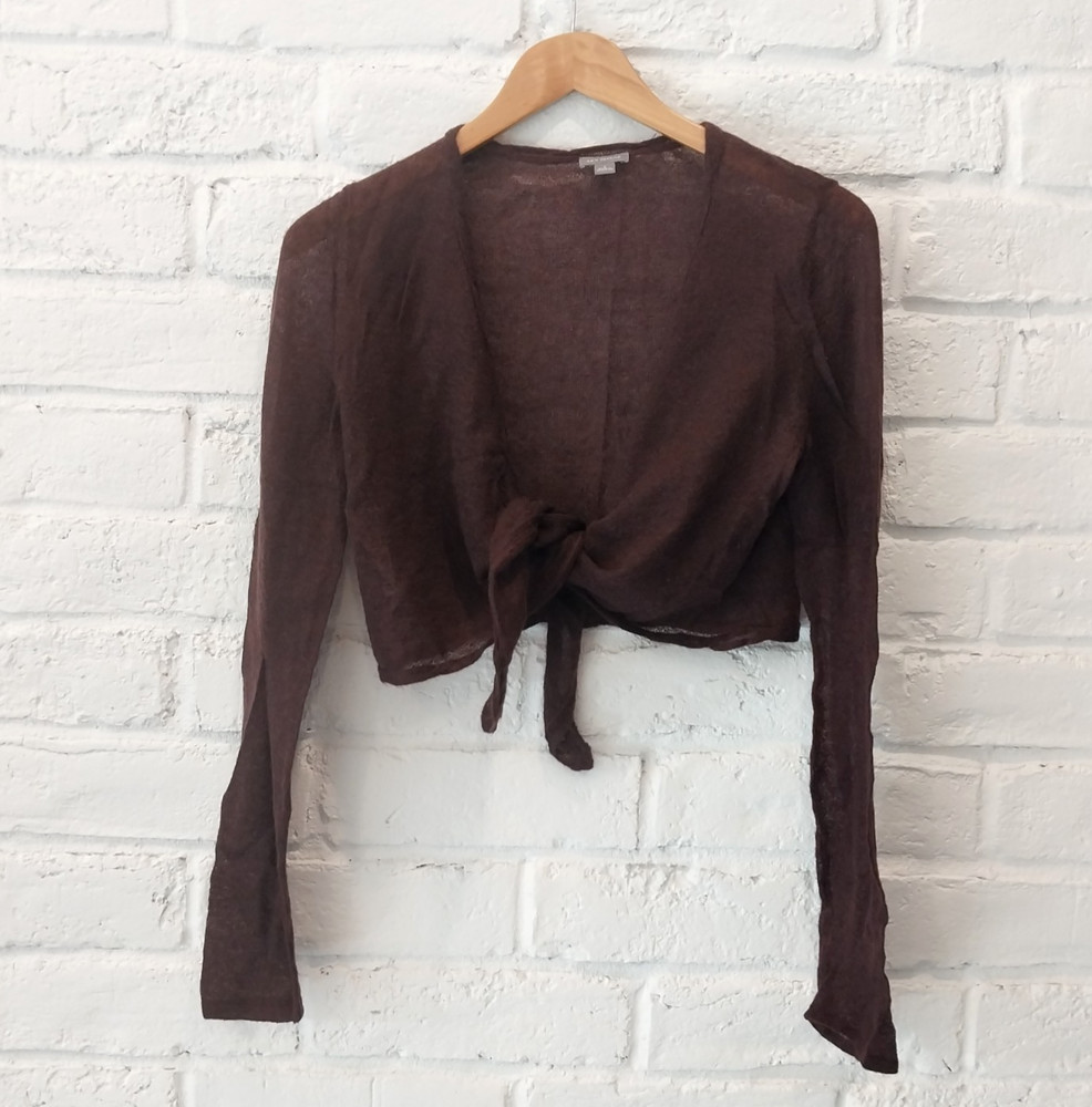 Ann Taylor Front Knot Tie Cropped Cardigan Small Knit Sweater Plum Mohair Wool