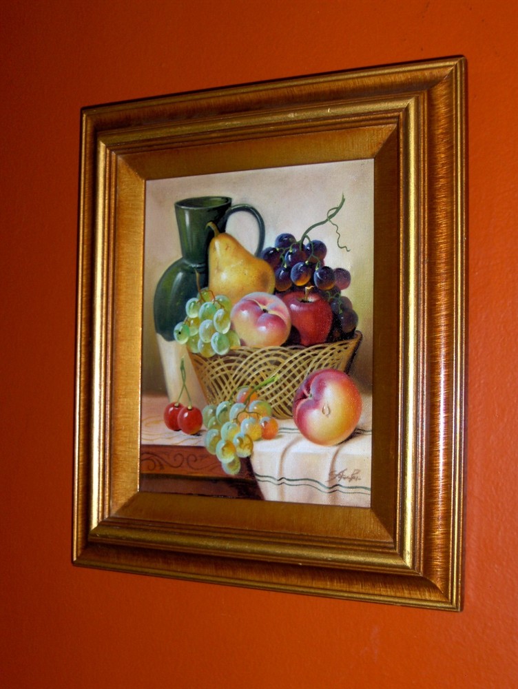 ORIGINAL OLD VINTAGE Basket Pitcher Fruits Still Life Table Oil Canvas Painting