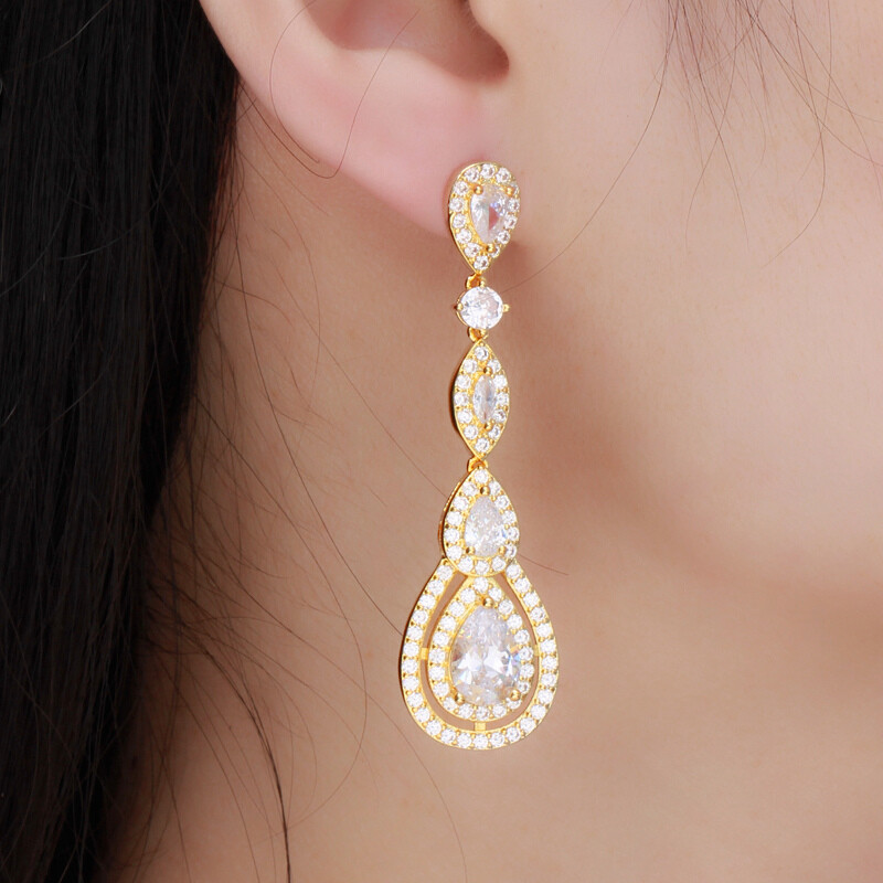 Luxury Gold Plated Water Drop Long Earrings Dangle Cubic Zirconia Bridal Jewelry