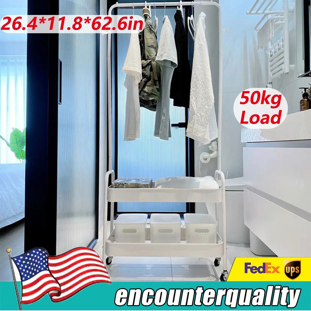 2-Tier Metal Rolling Garment Rack with Storage Basket - Clothes Organizer