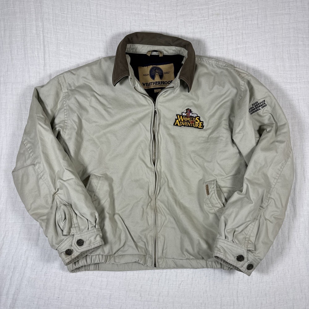 Vintage 2001 Six Flags Genuine Leather Jacket Men’s XL Tan Weatherproof Rare
