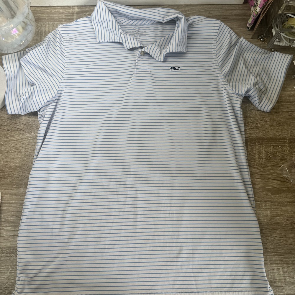Vineyard Vines Boys Performance Polo White/blue Striped Size Medium 12-14