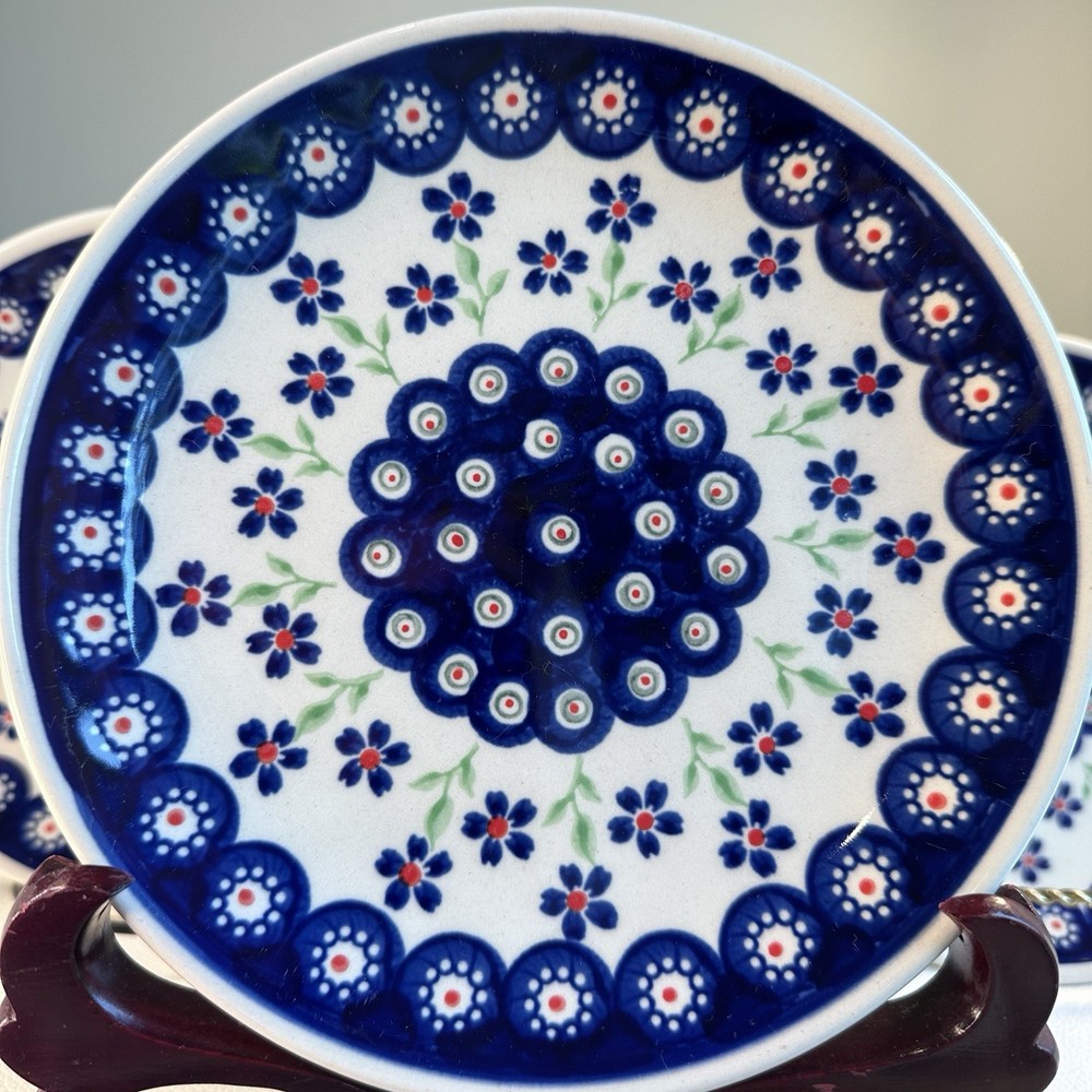 Boleslawiec Polish Pottery 8 Salad Plates Blue Floral Peacock Eye 7.75” Poland