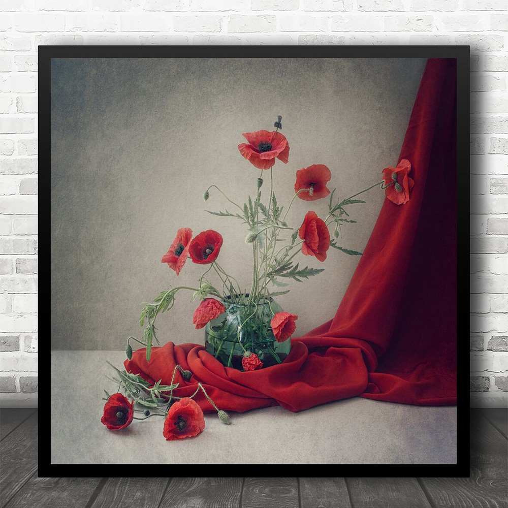 Red Fabric Curtain Poppy Poppies Vase Flower Flowers Still Life Square Print