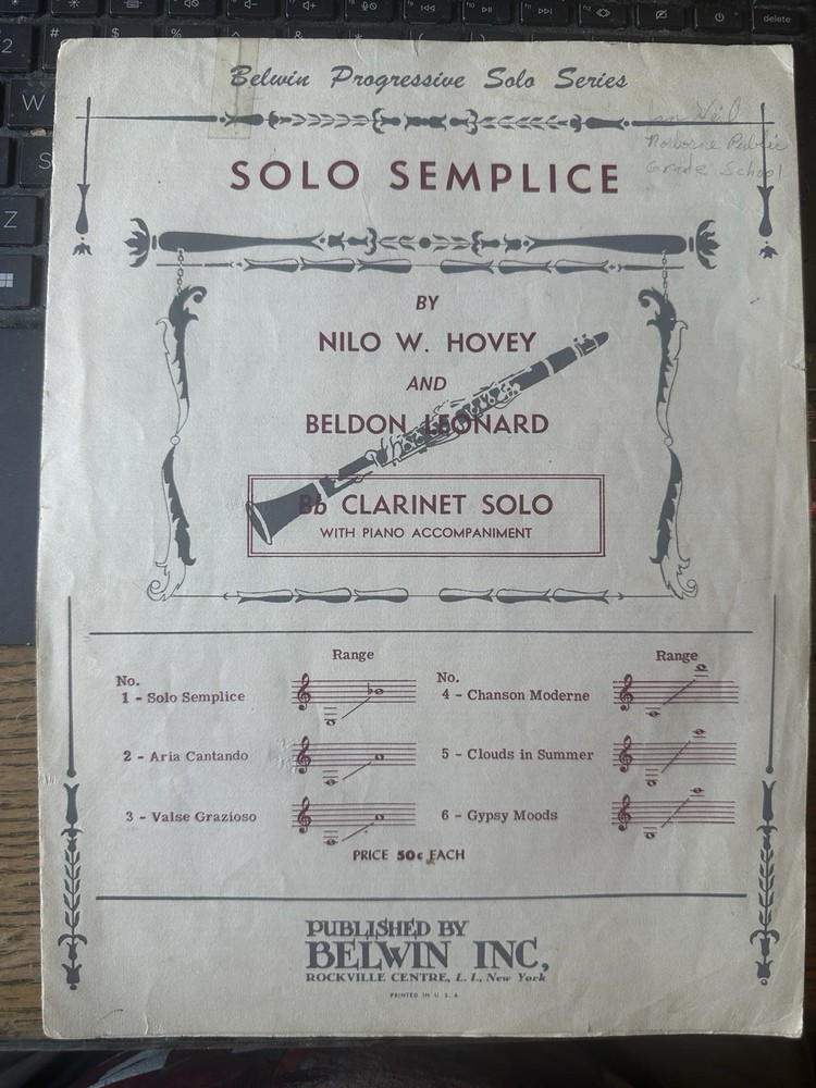 N 1948 Belwin Press Clarinet/Piano Sheet Music SOLO SEMPLICE