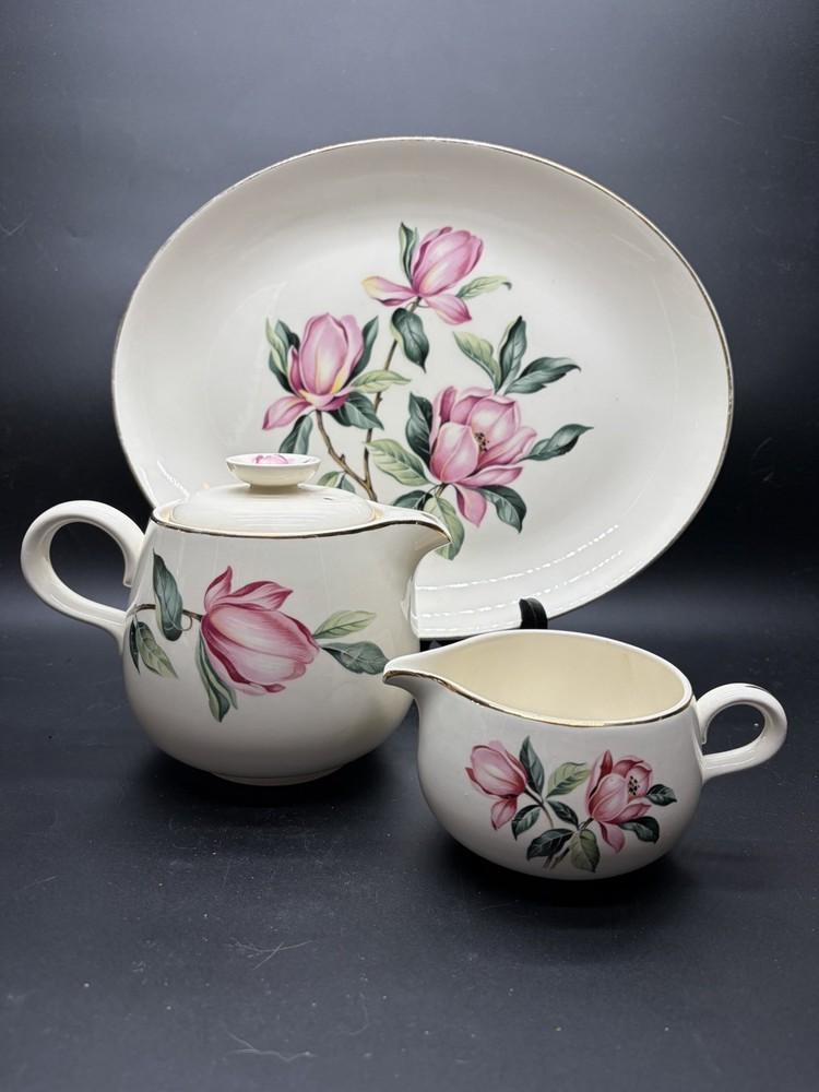 Rhythm Homer Laughlin Magnolia Gold Trim Creamer Teapot Platter Set VTG 1950s