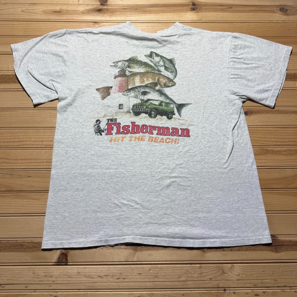 Vintage 90s The Fisherman Hit Beach Outdoor Fishing Pocket Graphic T-Shirt - XL
