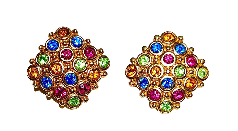 Vintage Gold Tone Swarovski Signed Multi Color Crystal Clip Earrings