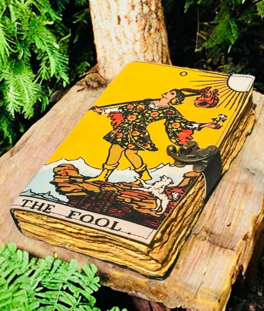 Vintage Leather Journal with The Fool Tarot Card Grimoire Print - Handmade Notebook