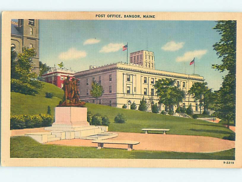 Linen POST OFFICE SCENE Bangor Maine ME hs1617