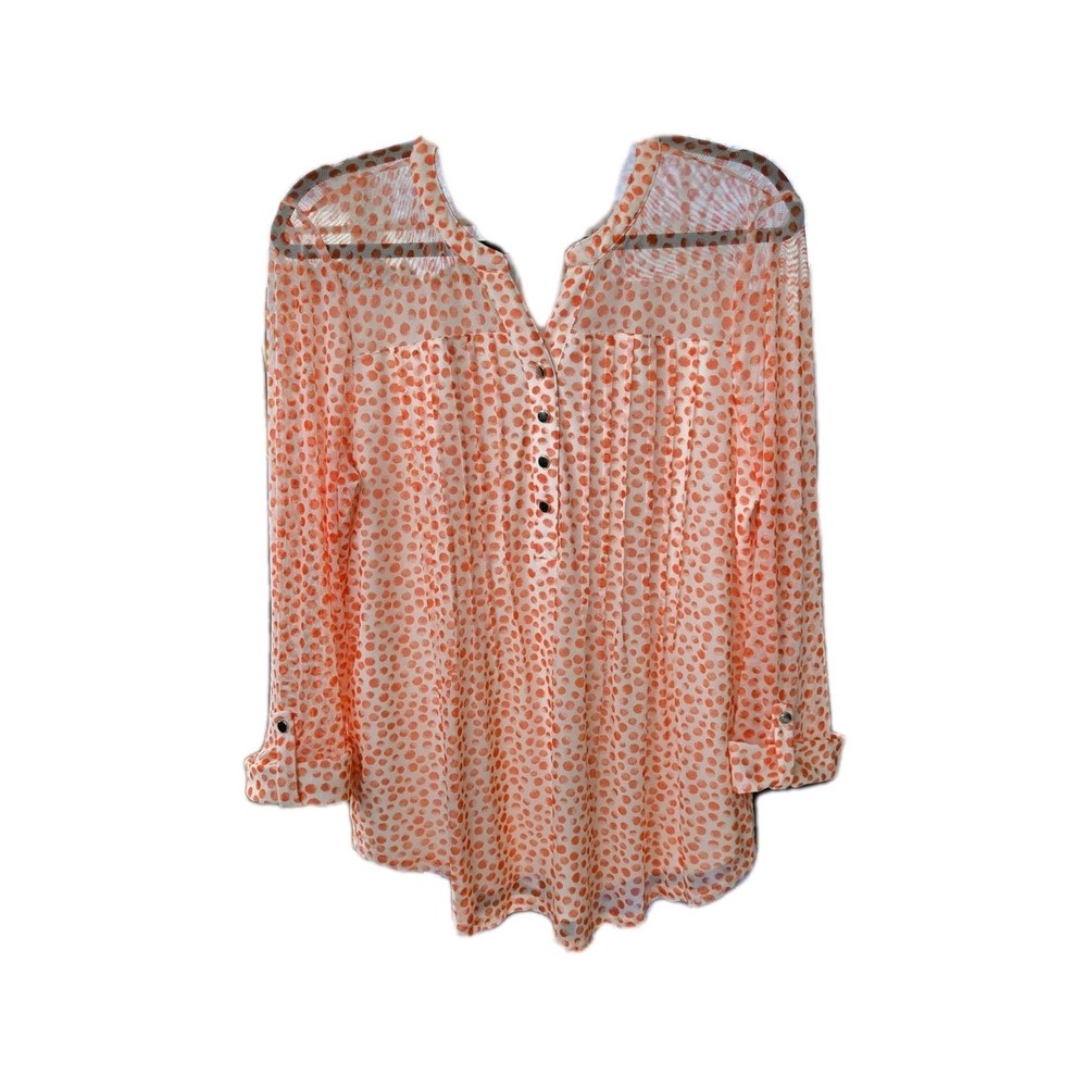 Roz & Ali White Orange Polka Dot Mesh Sheer Button Accent Long Sleeve Blouse XL