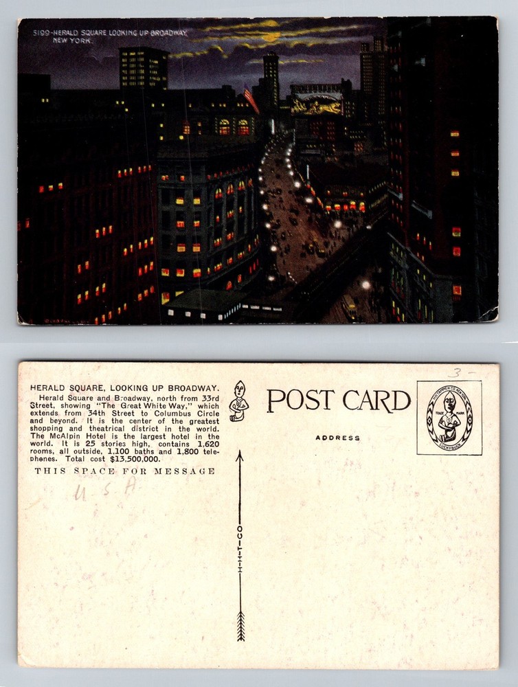 New York City NY, Herald Square Looking Up Broadway Night Vintage Postcard