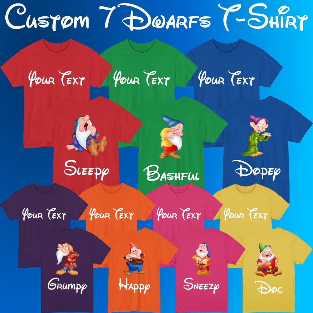 Personalised 7 Dwarfs T-Shirt Custom Name Front & Back Funny Disney Gift Tee Top