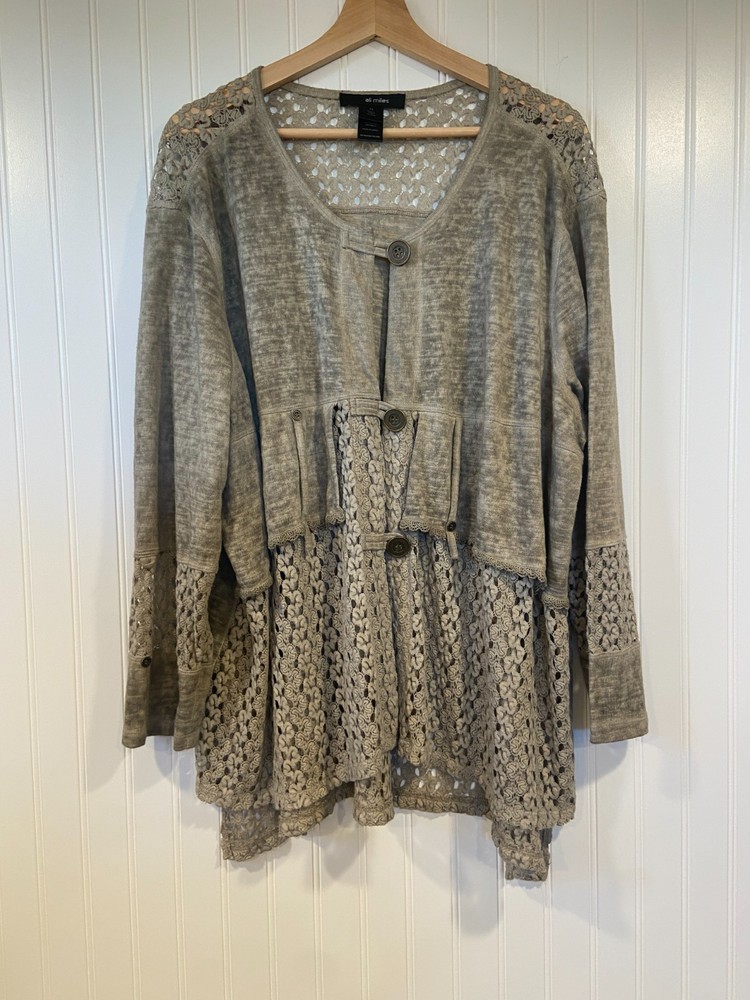 Ali Miles Blouse Women's 1x Brown Mesh Lagenlook Shirt Artsy, Sweater, Layered