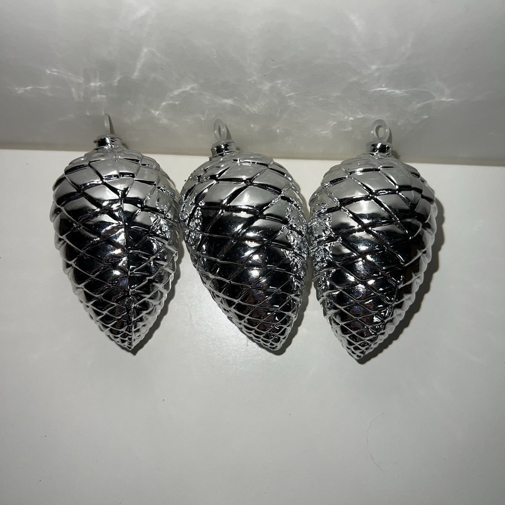 Vintage Set of 3 silver Tone plastic pinecone ornament Christmas
