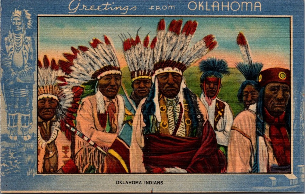 Greetings from Oklahoma Indians Linen Postcard Mid-Continent News Co. 1940s