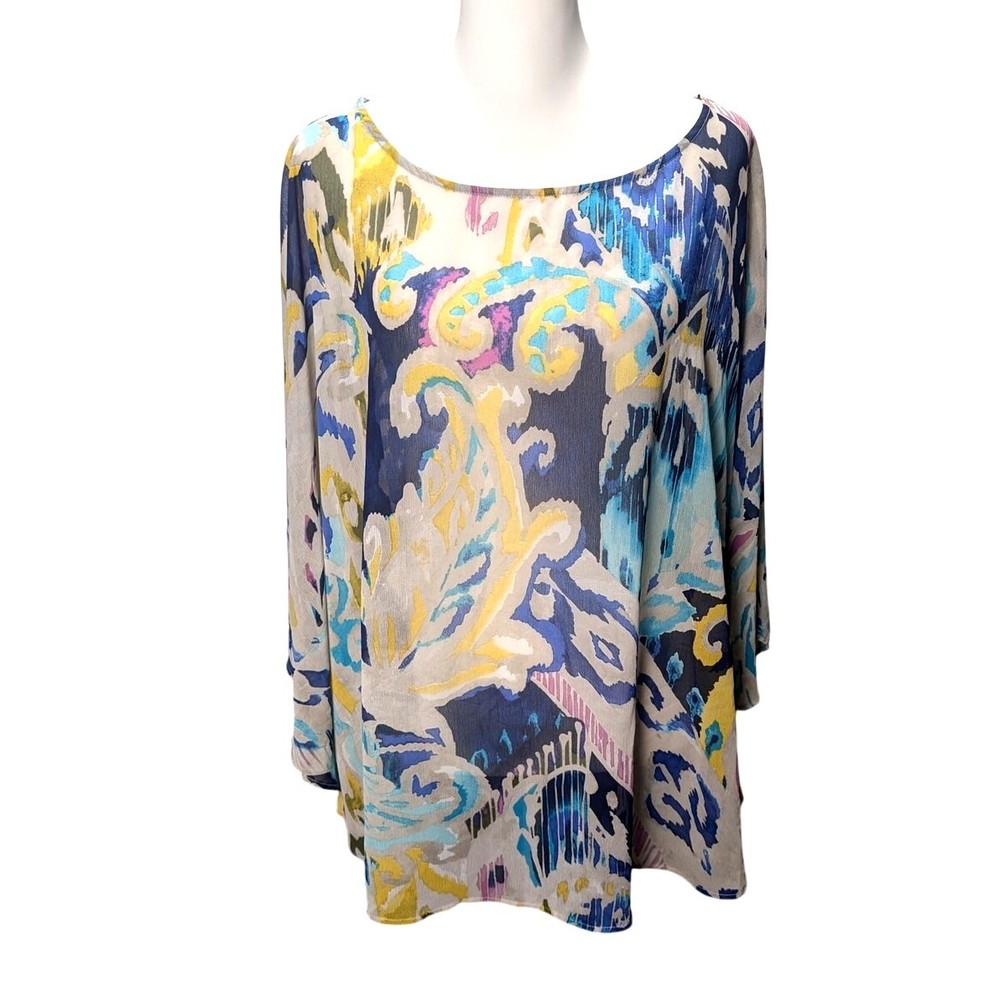Chico's Blue Yellow Abstract Print Silk Batwing Blouse for Women Size L/XL