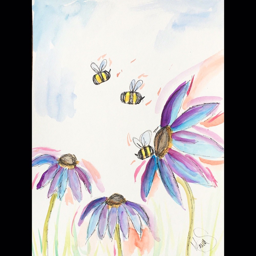 Maria Scalf Bee Floral Flowers Bees Bright Watercolor 9x12 ORIGINAL PAINTING