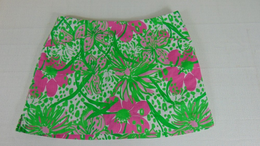 Lilly Pulitzer Skort Pink Green Tiger Face Print Pockets Womens Size 4 Resort