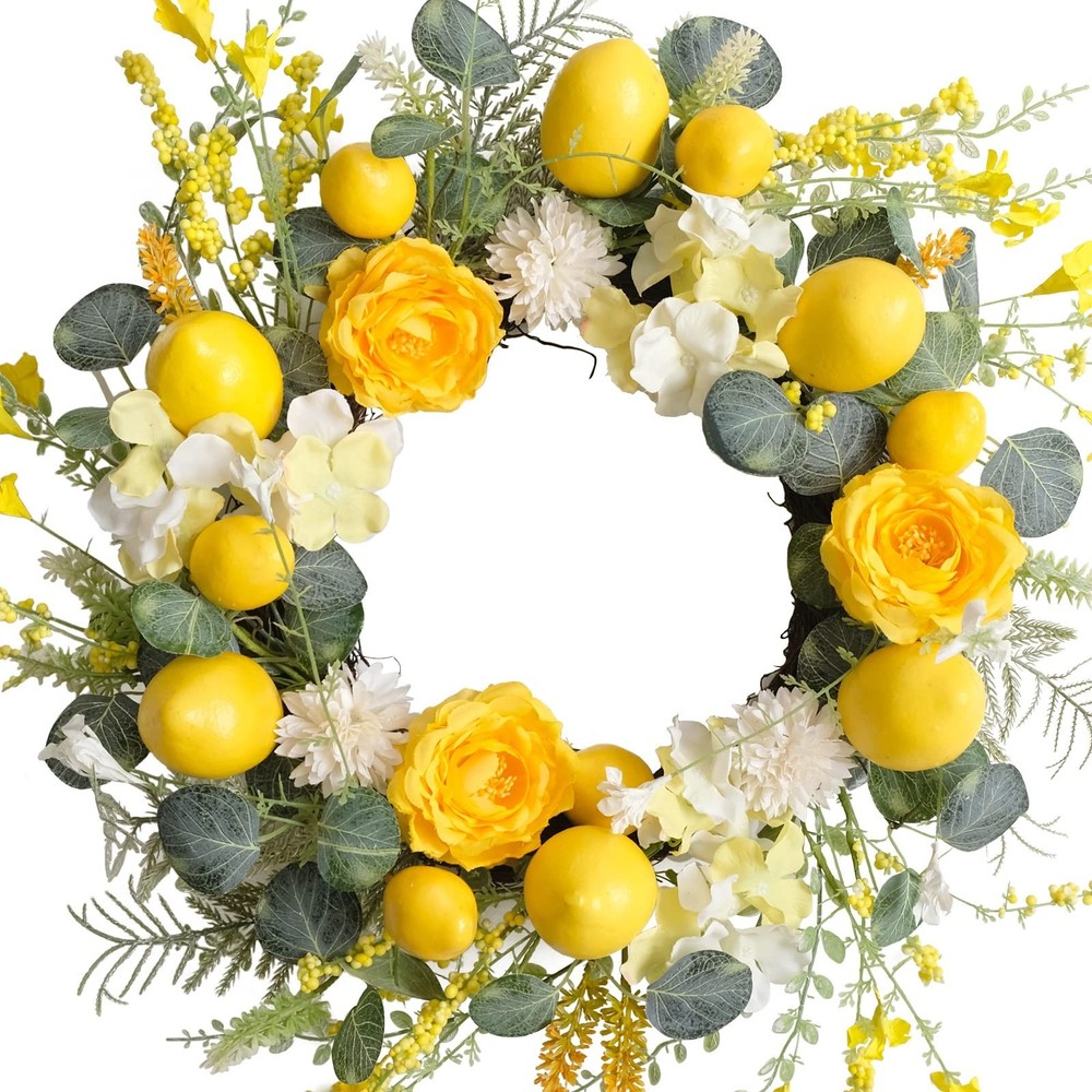 18 Inch Summer Yellow Lemon Roses Wreath for Front Door, Eucalyptus Leaves wi...
