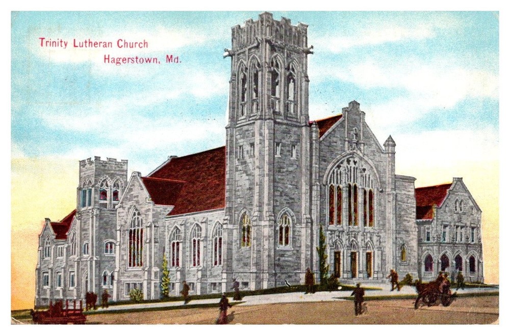 c1910 Street View Trinity Lutheran Church Hagerstown Maryland Vintage Postcard