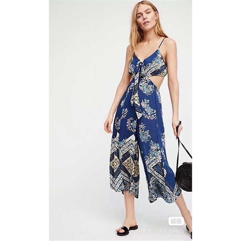$108 Free People Womens Jumpsuit Blue Floral Open Back Wide Leg Boho Gypsy Sz S