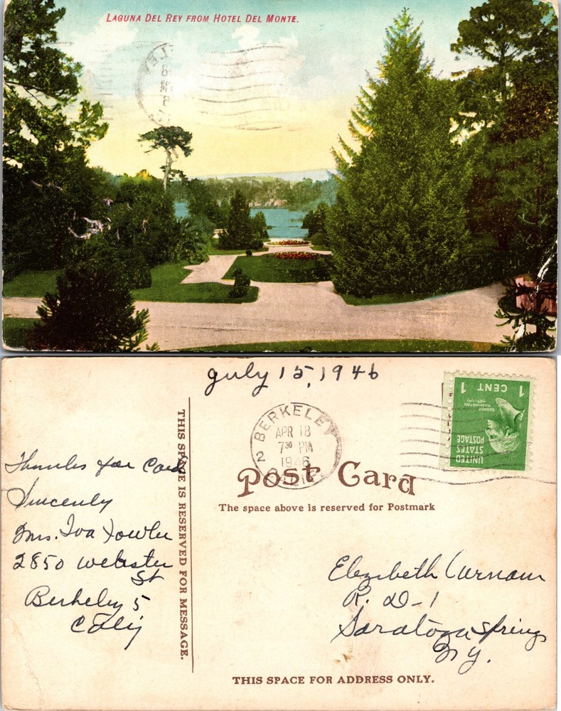 Laguna Del Rey View from Hotel Del Monte California CA Postcard