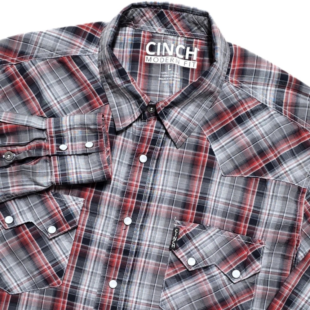 CINCH Pearl Snap Western Shirt Mens L Sawtooth Red Black Plaid Cowboy Rodeo
