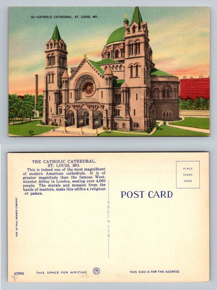 St. Louis, MO-Missouri, Catholic Cathedral Green Dome Towers Vintage Postcard