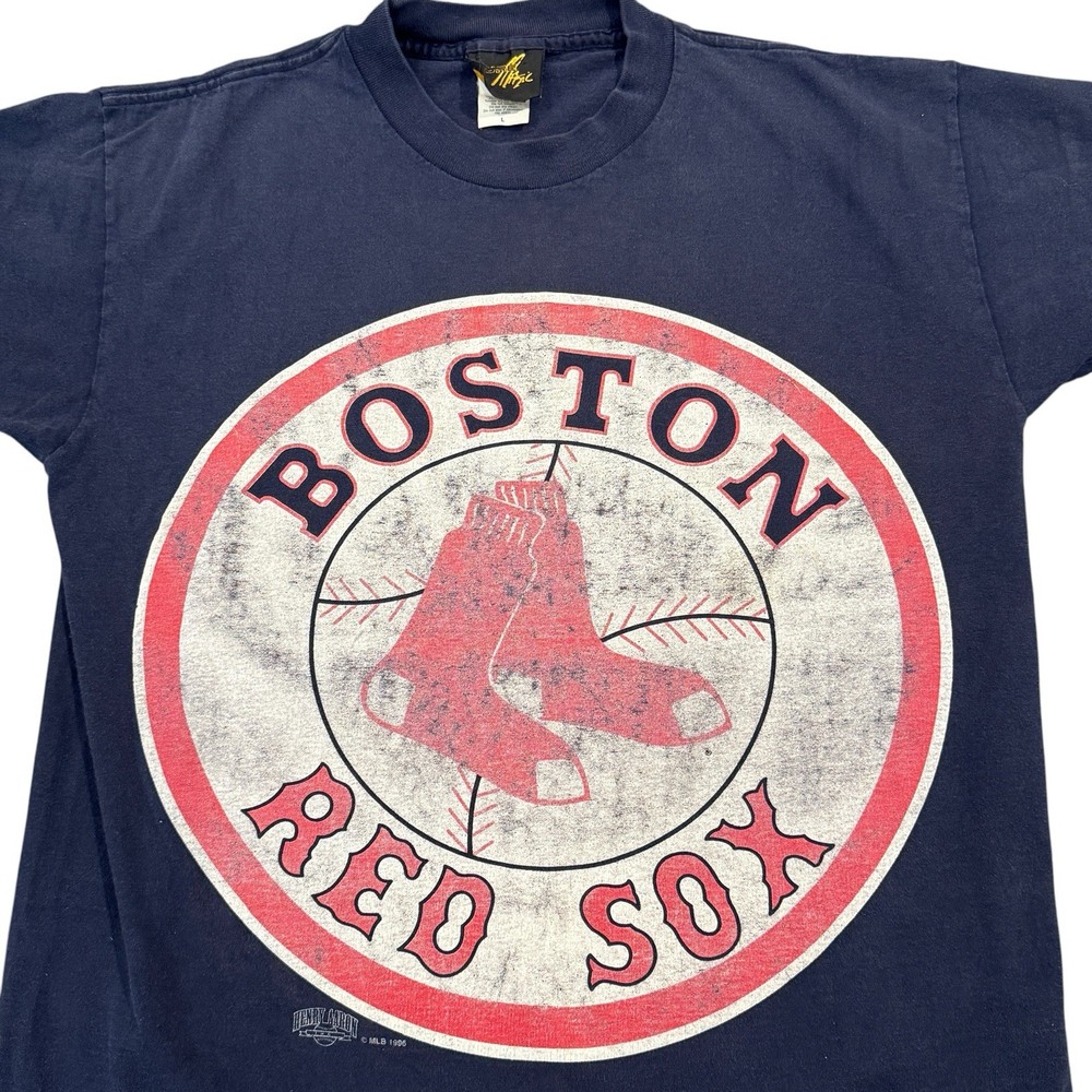 Vintage 90s Boston Red Sox T-Shirt Mens Large Navy Blue MLB Big Logo Graphic