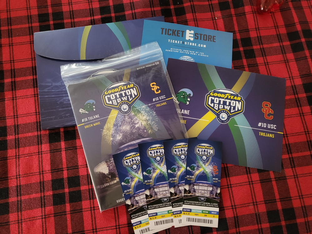 2023 Cotton Bowl Game Program & 4 Tickets - USC vs Tulane Green Wave Victory