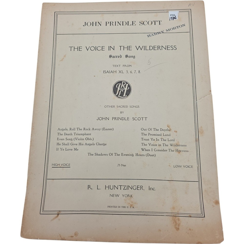 The Voice in the Wilderness Sacred Song by John Prindle Scott Vtg Sheet Music