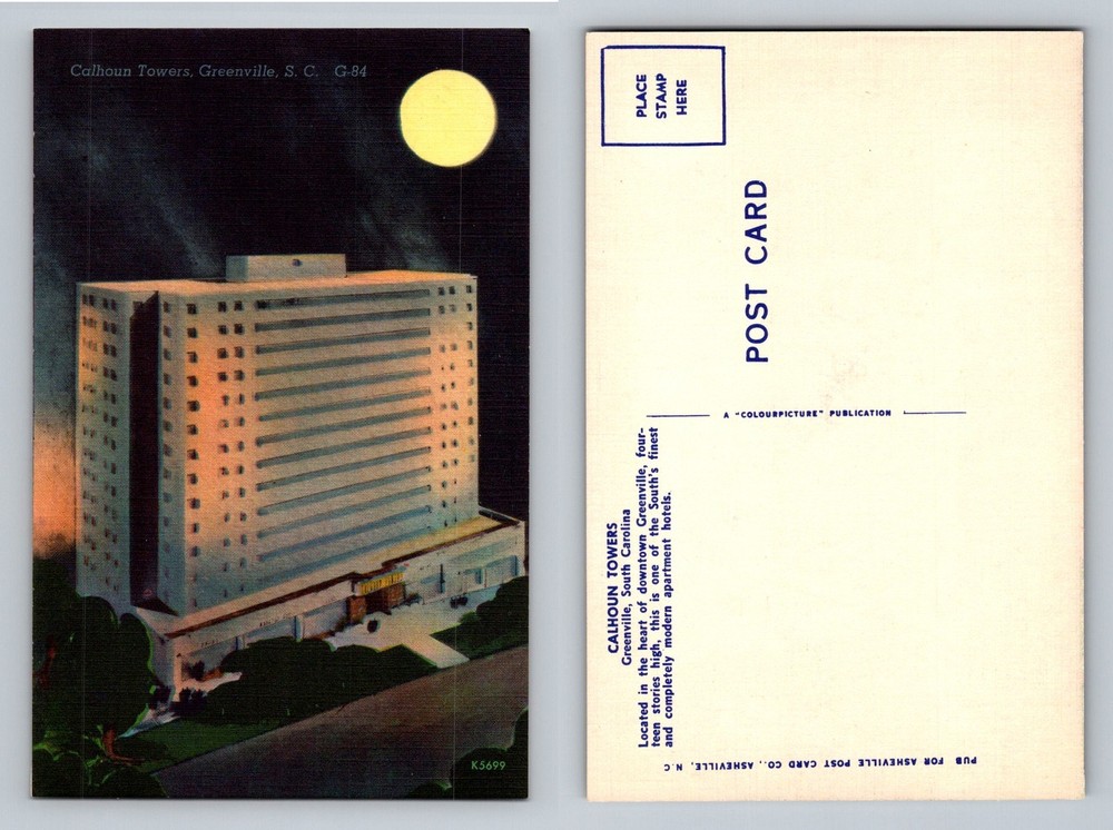 Calhoun Towers, Greenville, SC-South Carolina, Moonlight Scene Vintage Postcard