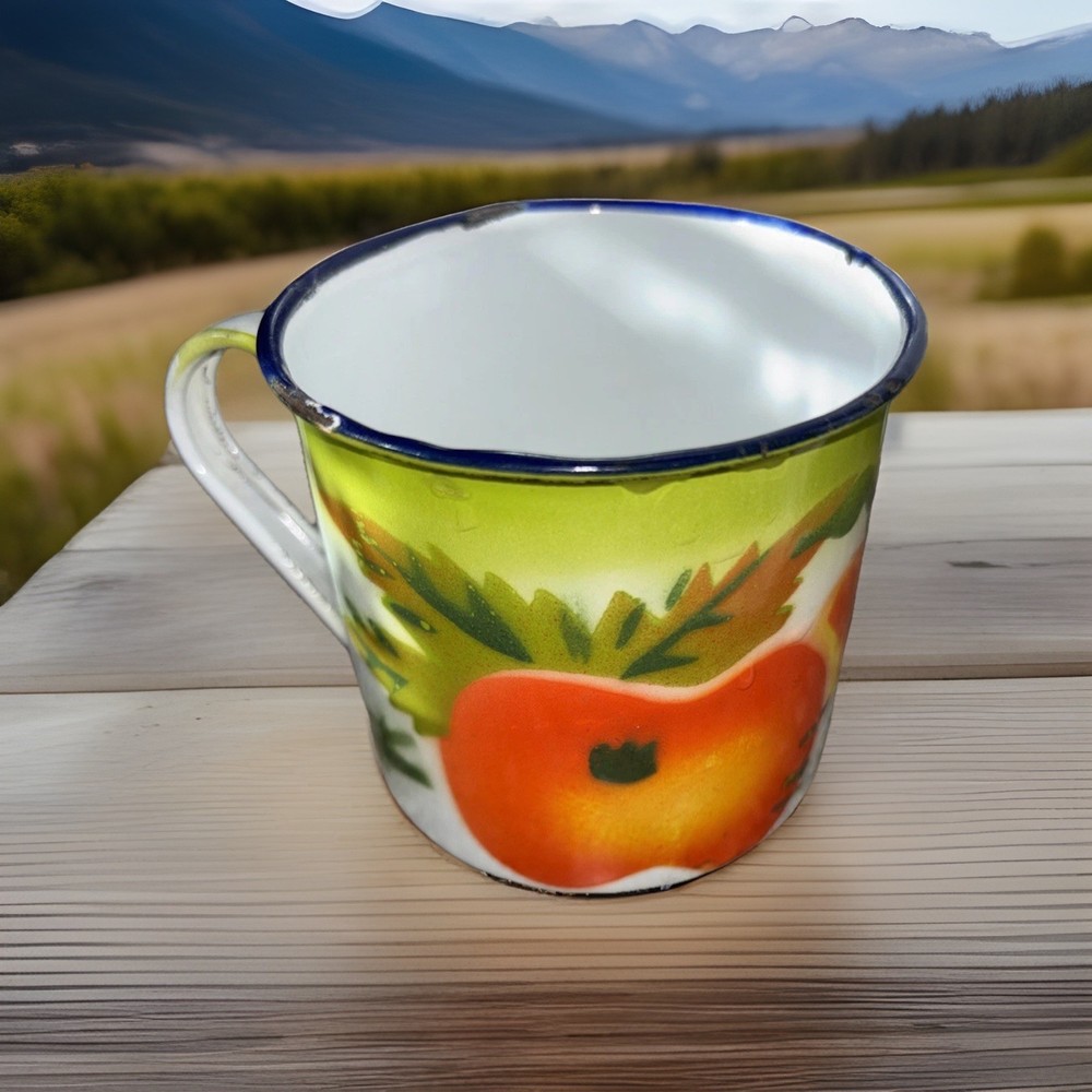 Vintage Enamelware Metal Coffee Cup Mug Colorful Fruit & Leaf Motif Hand-Painted