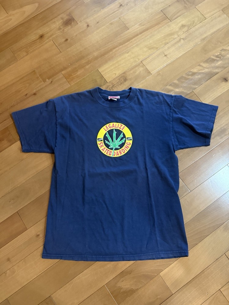 Vintage 90's Shortys Legalize Skateboarding Weed Leaf Skate Shirt Blue XL Y2K